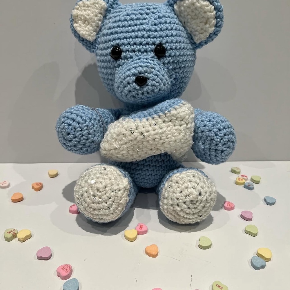 Blue and White Crochet Teddy Bear